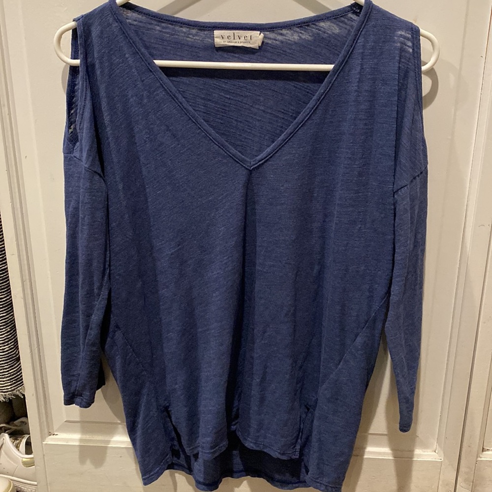 Velvet, 3/4 sleeved shirt, shoulder cutouts, Blue, size XS.